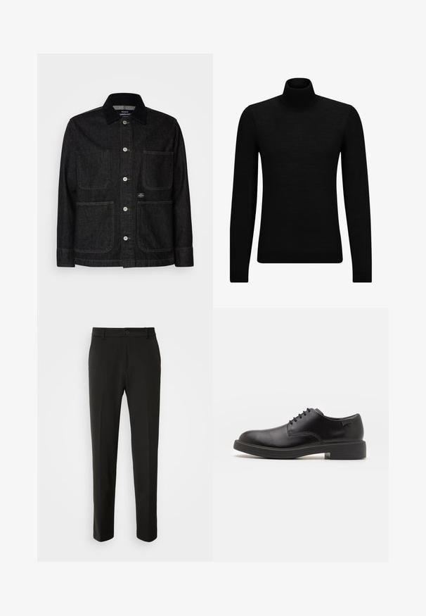 Zwarte denim jas met een puntige kraag, knoopsluiting, twee grote voorzakken en een klein logo-label op de rechter onderzak.; Zwarte coltrui van zacht materiaal, met lange mouwen en een snug fit. Geribbelde afwerking aan de onderkant en mouwen. Eenvoudig ontwerp.; Zwarte broek van gladde stof, met rechte pijpen, een knoopsluiting en een klassiek ontwerp dat geschikt is voor zowel formele als casual gelegenheid.; Zwarte leren veterschoen met een ronde neus, een gladde textuur, minimale stiksels en een lage rubberen hak. Logo op de hak.