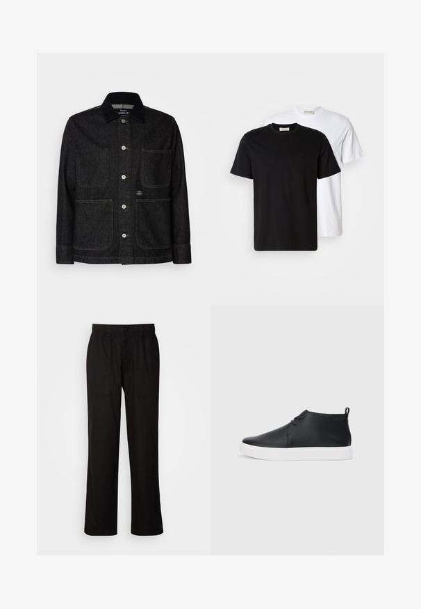 Schwarze Jeansjacke mit spitzem Kragen, Knopfverschluss, zwei großen Fronttaschen und einem kleinen Logotag an der unteren rechten Tasche.; Zwei schlichte Baumwoll-T-Shirts, eines schwarz vor einem weißen platziert, beide mit kurzen Ärmeln und runden Halsausschnitten.; Schwarze Hose mit entspannter Passform, aus leichtem Stoff gefertigt. Verfügt über einen elastischen Bund, einen Knopfverschluss und zwei Fronttaschen.; Schwarze Leder-Hohe Sneaker mit glatter Oberfläche, weißer Gummisohle und einfachem Schnürdesign. Verfügt über eine Zuglasche an der Rückseite.