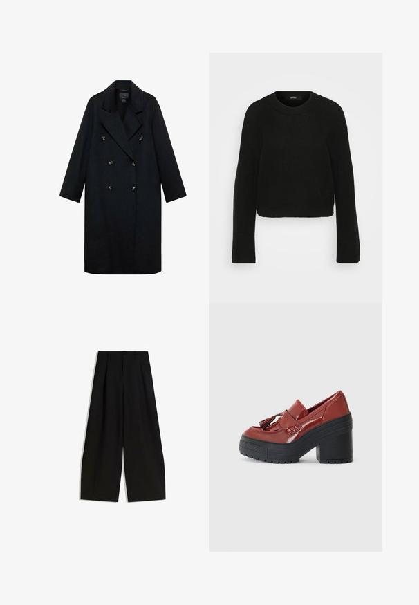 Crni dvostruko zatvoreni kaput od vune, s širokim reverima, dugim rukavima i zlatnim dugmadima, sa ravnim siluetom.; Crna pletena bunda s okruglim izrezom i dugim rukavima. Ima teksturirani uzorak i skraćeni dizajn.; Crne široke hlače izrađene od glatkog materijala, s visokim strukom, nabranim detaljima sprijeda i bez vidljivih ukrasa ili uzoraka.; Converse CHUCK 70 DE LUXE HEEL LOAFER PLATFORM PATENT LEATHER - Cipele na petu s platformom - rottin apple/rottin apple