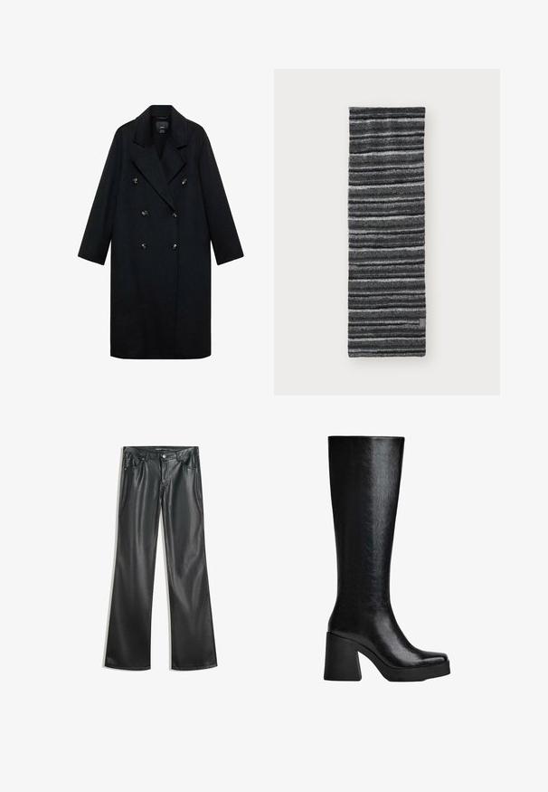 Sort dobbeltradet frakke i uldblanding med brede revers, lange ærmer og guldtonet knapper, i en lige silhuet.; Sort oversized T-shirt med korte ærmer, rund halsudskæring og lige kant. Fremstillet af blødt bomuldsstof med en glat tekstur. Kun bagview.; Sorte faux læder flare bukser med en glat tekstur, fem-lomme design, lynlås foran og kontrasterende syninger.; Sort knæhøj støvle lavet af struktureret syntetisk materiale, med firkantet tå, chunky høj hæl og glat, elegant overflade.; Strikket tørklæde med sorte og grå vandrette striber, blød tekstur, langstrakt rektangulær form, med et lille mærke i nederste hjørne.