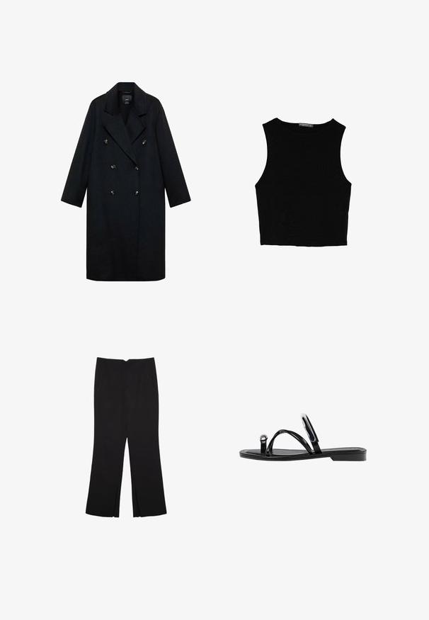 Čierny dvojradový kabát z vlnenej zmesi, s širokými goliermi, dlhými rukávmi a zlatými gombíkmi, s rovnou siluetou.; Čierny bezrukávový crop top vyrobený z hladkej tkaniny, so zaobleným výstrihom a čistým, jednoduchým dizajnom bez vzorov alebo kovania.; Čierne nohavice so strihom rovného strihu, s prednými vreckami a bočnými rozparkami na leme. Vyrobené z mäkkej, hladkej tkaniny. Vhodné na rôzne príležitosti.; Čierne ploché sandále s lesklým povrchom, tromi tenkými popruhmi a okrúhlou kovovou ozdobou na prste. Elegantný dizajn s minimálnym podpätkom.