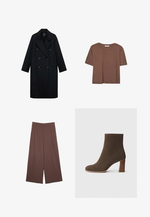 Cappotto nero doppiopetto in misto lana, con ampi rever, maniche lunghe e bottoni dorati, dal profilo dritto.; Maglietta a maniche corte marrone realizzata in tessuto morbido, con scollatura rotonda e vestibilità rilassata. Nessun motivo o dettaglio visibile.; Pantaloni ampi marroni con una texture liscia, caratterizzati da una vita alta e pieghe frontali. Il tessuto è leggero e scorre liberamente.; Stivale alla caviglia in suede marrone con punta rotonda e tacco impilato e testurizzato. Esterno liscio senza chiusure visibili o decorazioni.