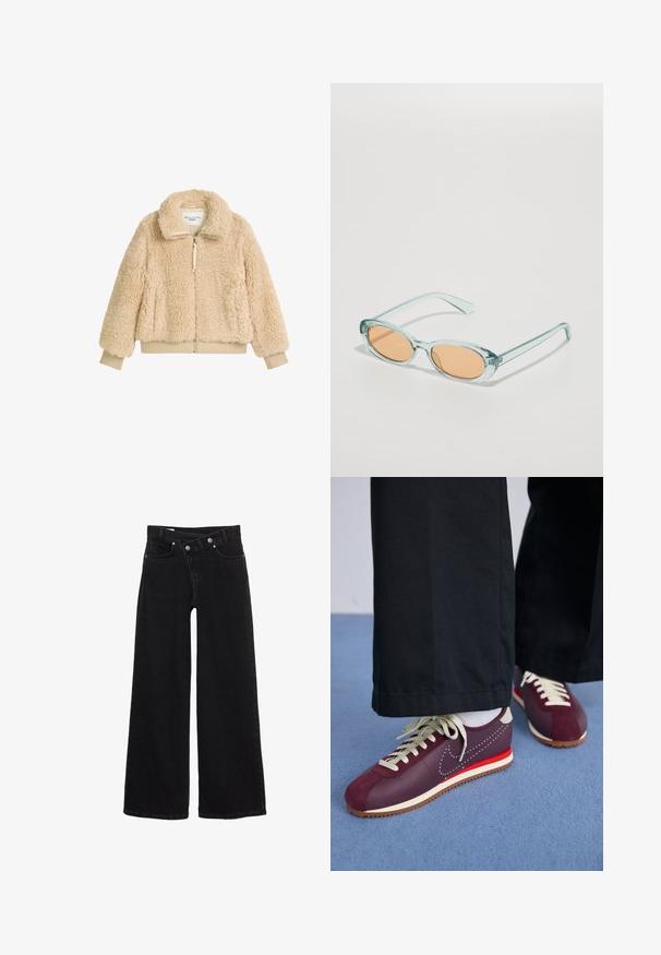 Beige, fluffy zip-up jasje met hoge kraag, geribbelde mouwen en tailleband, gemaakt van zacht, textuur faux schapenvacht stof.; Zwarte lange mouwen gebreide trui met ronde halslijn, geribde manchetten en zoom, en een cropped lengte.; Zwarte hoge taille wijde jeans met voorzakken, riemlussen en een dubbele knoopsluiting.; Bordeaux en crème sportieve schoenen met een mix van suede en glad materiaal, voorzien van een contrasterende rode accent, witte veters en een gestructureerde zool.; Lichtblauwe zonnebril met ovale monturen en oranje gekleurde lenzen. Doorzichtige armen met gladde randen en een lichte kromming.