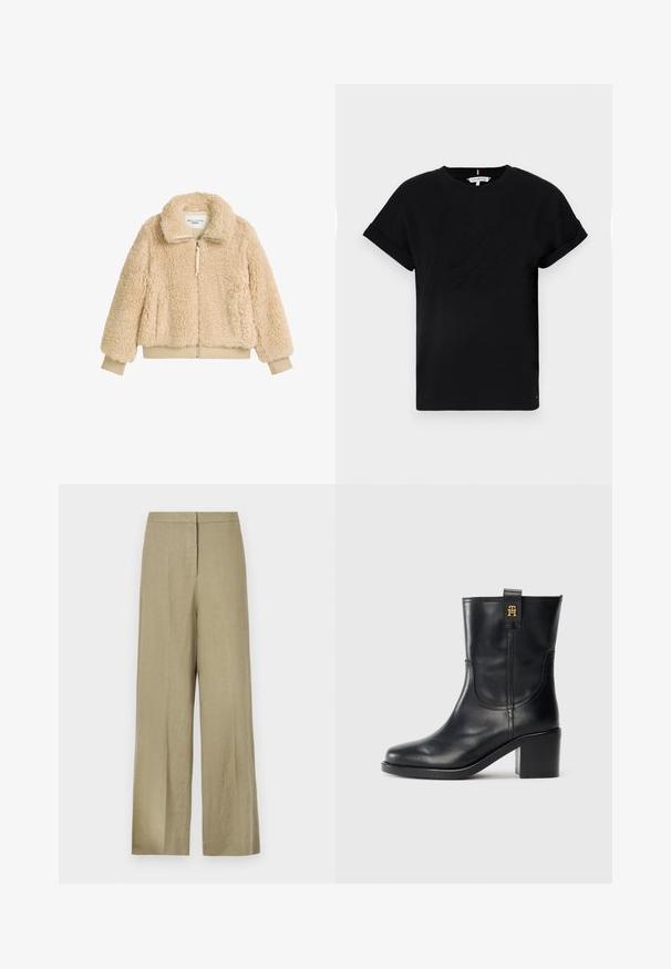 Bežs, pūkains, ar rāvējslēdzēju aizverams džemperis ar augstu apkakli, ribotām piedurknēm un jostu, izgatavots no mīksta, teksturēta mākslīgā šērlinga auduma.; Melns kokvilnas T-krekls ar sarullētām īsām piedurknēm, centrā ir izcilināts logo un neliels karoga akcents sānos.; Gaiši zaļi, platā kāja bikses, izgatavotas no linu. Piedāvā augstu jostu un tīru priekšpusi ar vienu krokā.; Melnas ādas pusgarās zābaku ar blokveida papēdi un zelta "TH" logo uz pacelšanas cilpas pret baltu fona.