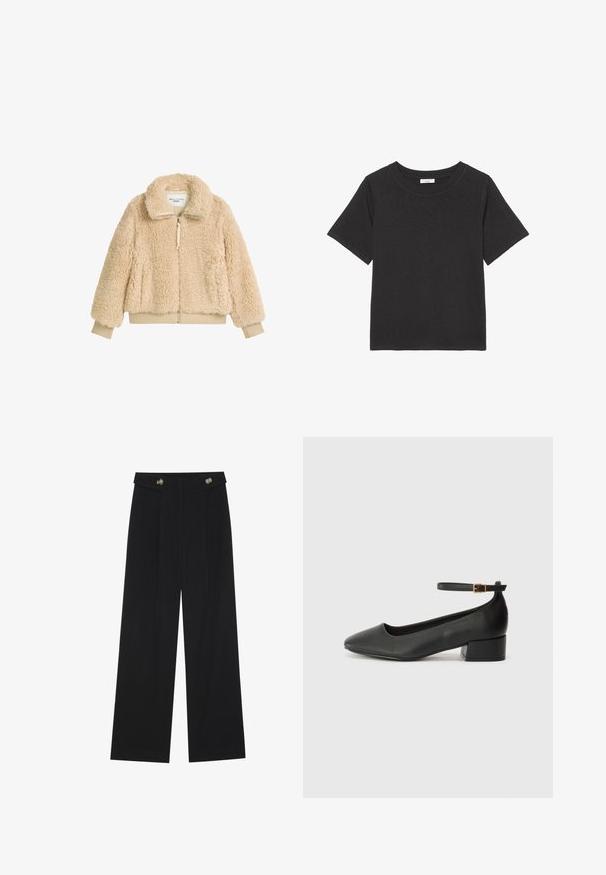 Giacca beige, morbida, con zip e colletto alto, polsini e vita a costine, realizzata in morbido tessuto effetto shearling.; T-shirt nera realizzata in tessuto morbido, con collo a giro e maniche corte. Il design è semplice, senza motivi o dettagli visibili.; Pantaloni neri a gamba larga con vita alta, dettagli con bottoni in vita e pieghe frontali.; Pump in pelle nera con punta affusolata e tacco basso a blocco. Presenta una cinghia alla caviglia con una fibbia in tonalità oro. Texture liscia.