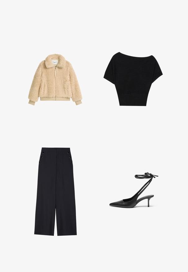 Bežna, puhasta jakna na zadrgo z visokim ovratnikom, rebrastimi manšetami in pasom, izdelana iz mehke, strukture teksturirane umetne ovčje kože.; Anna Field Potiskana majica - black; Široke hlače iz temno modrega materiala, z gladko teksturo, sprednjimi gubami in dekorativnimi zlatimi kopčami na stranskih žepih.; Črne usnjene stiletto čevlje z ostrim nosom, odprtim hrbtom in zankami za gleženj, vezanimi v pentljo. Tanek 3-palčni pet. Gladka textura, minimalistična zasnova.