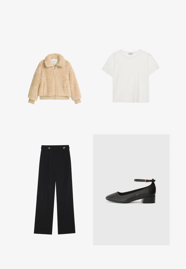 Bež, pehme ja koheline lukuga jakk kõrge kaelusega, soonikkoes mansettide ja vöödega, valmistatud pehmest, tekstuursetest kunstlikest lamba villa kangast.; Valge lühikeste varrukatega t-särk, mis on valmistatud pehmest puuvillast. Omab ümmargust kaelust ja mugavat lõiget. Puhtad jooned, ilma nähtavate mustrite või aktsentideta.; Mustad laiad püksid kõrge vöökoha ja nööpdetailidega vööandil, esikortsudega.; Must mustaapp, millel on terav nina ja madal blokk-kand. Omab pahkluu rihma koos kuldse tooni pandlaga. Sile tekstuur.