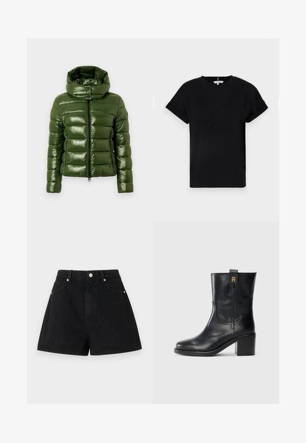 Vihreä untuvatakki kiiltävällä pinnalla, jossa on korkea kaulus, vaakasuunnassa tikattu kuvio ja kaksi sivutaskua vetoketjulla.; Mustapaita, jossa on lyhyet käärityt hihat, keskellä kohokuvioitu logo ja sivussa pieni lipputunnus.; Mustat farkkushortsit, joissa on korkea vyötärö, viisi taskua, hopeiset yksityiskohdat ja tavanomainen istuvuus. Shortsien pinta on sileä ja viimeistely on siisti.; Musta nahkainen nilkkat bootsi, jossa on lohkarekorko ja kultainen "TH"-logo vetonarussa valkoista taustaa vasten.