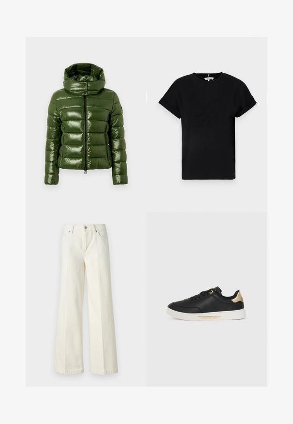 Casaco acolchoado verde com acabamento brilhante, apresentando uma gola alta, design acolchoado horizontal e dois bolsos laterais com fecho de correr.; T-shirt preta de algodão com mangas curtas dobradas, apresentando um logotipo em relevo no centro e um pequeno detalhe de bandeira na lateral.; Calças jeans brancas de perna larga, feitas de tecido de algodão misto. Apresentam fecho de correr, design de cinco bolsos e costura ao longo das costuras.; Sapatilha preta em couro com textura suave, sola de borracha branca, detalhes em dourado no calcanhar e nos ilhós, apresentando um logotipo na lateral.