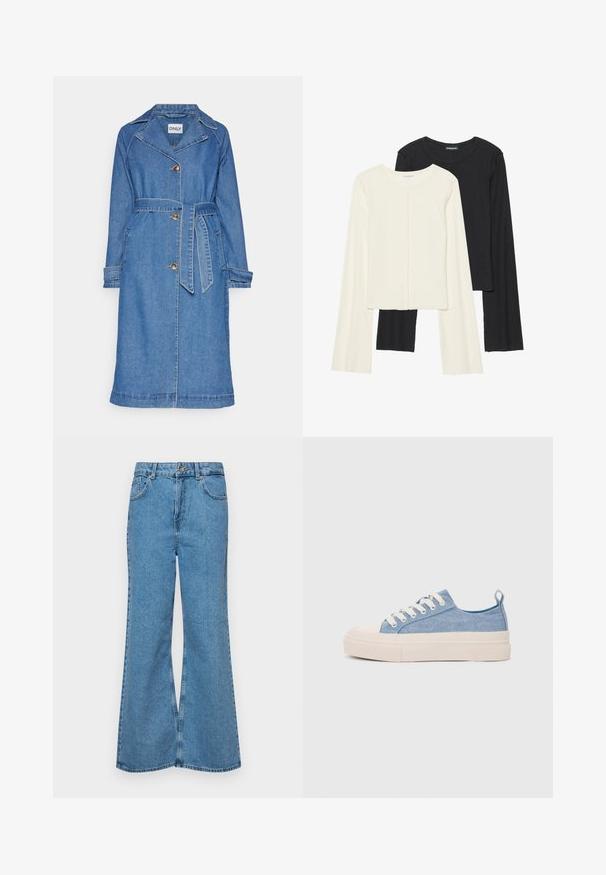 Šviesiai mėlynas džinsinis trenčkotis, turintis įpjovą apykaklę, mygtukų priekyje, juosmens diržą ir dvi šonines kišenes.; Dviejų ilgomis rankovėmis marškinėlių rinkinys, baltas ir juodas. Raukšlėta tekstūra, apvalus kaklas, prigludusi forma su šiek tiek platėjančiomis rankovėmis.; Šviesiai mėlynos flared džinsai, pagaminti iš džinsinio audinio, su aukštu liemeniu, penkiomis kišenėmis ir vienu mygtuko užsegimu. Minkštas paviršius su išblukusiu efektu.; Šviesiai mėlyni drobės sportbačiai su kreminiu guminiu pirštų apsaugos ir pado elementu, balti raišteliai ir kilpa ant kulno.