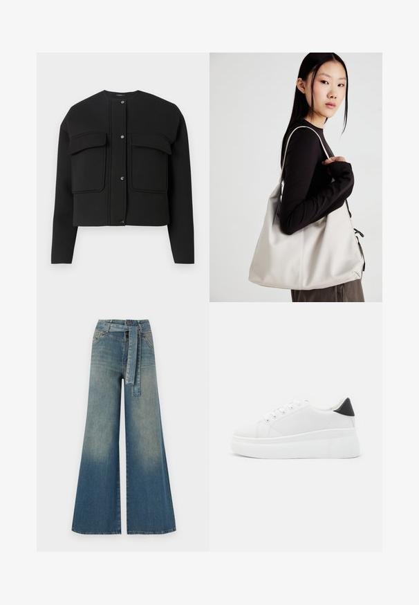 Jachetă neagră scurtă dintr-un material moale, având două buzunare frontale, închidere cu nasture și guler rotund. Design simplu, cu linii curate.; Tricou negru cu mânecă scurtă, decolteu rotund, realizat din țesătură de bumbac neted; croială lejeră, design minimal, fără modele sau accente vizibile.; Pantaloni din denim largi, cu un gradient de la albastru deschis la albastru închis, talie înaltă, bucle pentru curea și o curea din același material. Finisaj texturat din denim.; Adidași albi cu platformă, fabricați din material sintetic neted, cu vârf rotund, design cu șireturi și talpă din cauciuc texturat. Accente negre la călcâi.; Geantă bej din material moale, cu un design lejer, detalii cusute și două bretele pentru umăr. Potrivită pentru utilizarea zilnică.