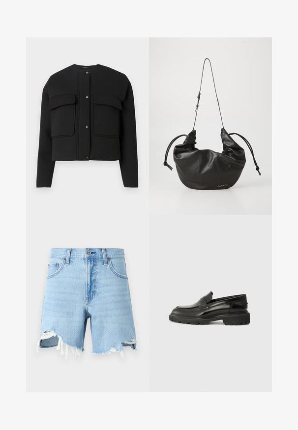 Black cropped jacket made of a soft material, featuring two front pockets, a button closure, and a rounded neckline. Simple design with clean lines.; White sleeveless tank top made of ribbed fabric, featuring a rounded neckline and a fitted silhouette, with minimal seams and no embellishments.; Light blue denim shorts with a classic five-pocket design, frayed hem, and distressed details on the front.; Black leather slip-on shoes with a rounded toe, thick textured sole, and subtle stitching detail. Features a small logo on the back.; Black soft leather shoulder bag with adjustable thin strap, gathered sides tied with knots, and small gold logo on front bottom right.