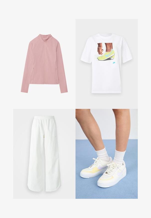Rózsaszín, cipzáras kabát magas gallérral, sima, rugalmas anyagból készült. Két oldalzsebe és raglán ujja van, ami megkönnyíti a mozgást.; Fehér pamut póló, amelyen sárga Nike cipőben lévő lábak grafika található kék részletekkel, bal csuklón pedig egy karkötő látható.; Fehér, bő szárú sportnadrág ribbelt derékpánttal és diszkrét logórésszel. Simá szövet, laza szabással és taperált szárral.; Fehér bőr sneakers sárga és levendula színű kiegészítőkkel, kerek orral, lapos fűzökkel és texturált gumitalppal. Fehér zoknival viselve.