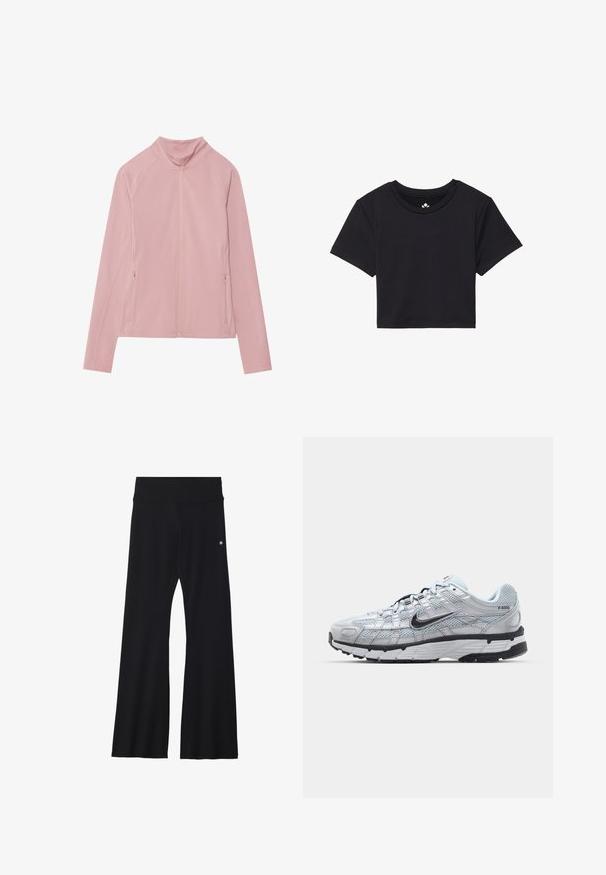 Rosa Zip-up-Jacke mit hohem Kragen, aus glattem, elastischem Stoff. Verfügt über zwei seitliche Taschen und Raglanärmel für Bewegungsfreiheit.; Schwarzes, kurzes T-Shirt mit kurzen Ärmeln, rundem Ausschnitt, aus glattem Stoff. Minimalistisches Design ohne sichtbare Muster oder Akzente.; Schwarze, ausgestellte Yogahosen aus elastischem Material, mit einem breiten Bund und einem kleinen Logo nahe der Hüfte. Glatte Textur, keine Muster.; Nike P-6000 Sneakers mit einem Obermaterial aus leichtem grauem Mesh, schwarzen Akzenten und einer langlebigen schwarzen Gummisohle. Verfügt über ein komplexes Design und ein Schnürsystem.
