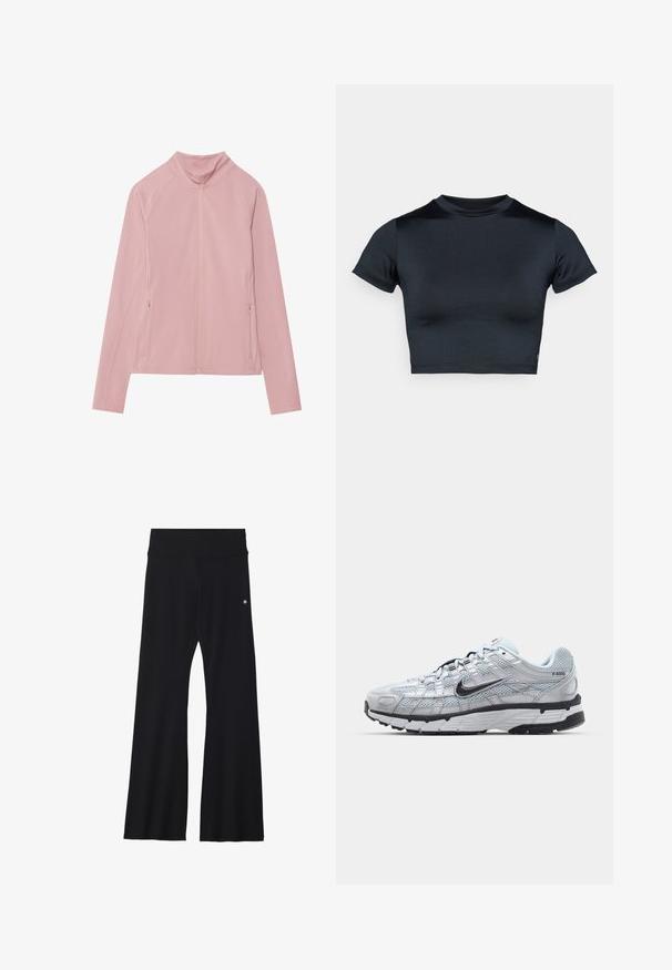 Rosa zip-up jacka med hög krage, tillverkad av mjukt, elastiskt tyg. Har två sidofickor och raglanärmar för ökad rörelsefrihet.; Kortärmad croppad top i mörk marinblått, gjord av mjukt, stretchigt tyg. Har rund halsringning och minimala sömnadsdetaljer. Inga synliga logotyper.; Svarta vida yogabyxor i elastiskt tyg, med ett brett midjeband och en liten logotyp nära höften. Slät textur, inga mönster.; Nike P-6000 sneakers med en ljusgrå nätövre, svarta accenter och en hållbar sula i svart gummi. Har en intrikat design och snörningssystem.