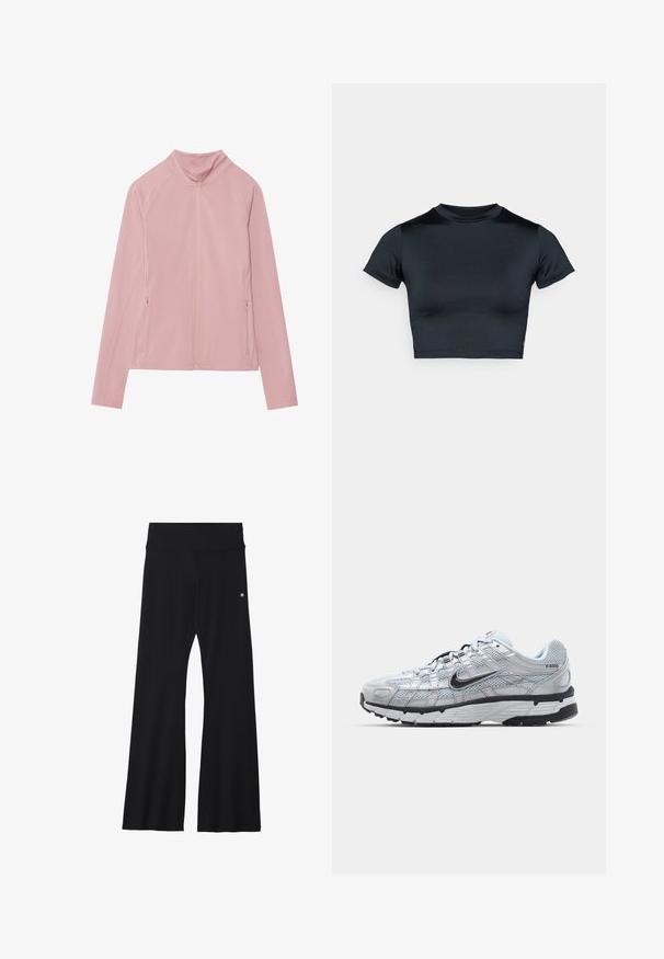 Różowa kurtka zapinana na zamek z wysokim kołnierzem, wykonana z gładkiego, elastycznego materiału. Posiada dwie boczne kieszenie i rękawy raglanowe dla większej swobody ruchów.; Czarna krótka koszulka z krótkim rękawem, wykonana z gładkiej tkaniny. Posiada okrągły dekolt i minimalne przeszycia przy dolnym brzegu.; Czarne, rozszerzane spodnie do jogi z elastycznego materiału, z szerokim pasem i małym logo w pobliżu biodra. Gładka tekstura, bez wzorów.; Nike P-6000 sneakers z jasnoszarym siateczkowym wierzchem, czarnymi akcentami i trwałą czarną gumową podeszwą. Charakteryzują się skomplikowanym wzornictwem i systemem sznurowania.