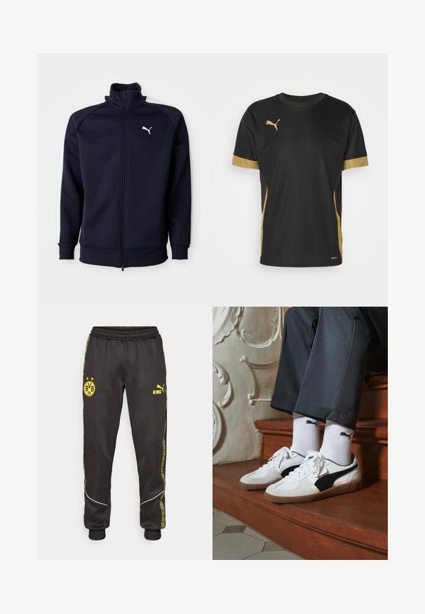 Mørkeblå hættejakke med lynlås, høj krave, ribbede manchetter og kant. Har hvide sidestriber og et lille hvidt Puma-logo på brystet.; Sort sports T-shirt med gyldne detaljer på ærmerne og siden. Den har rund hals, korte ærmer og svedtransporterende DRYCELL-stof.; Sorte træningsbukser med gule Borussia Dortmund BVB 09 og Puma King logoer, elastisk talje, og mønstrede gule side-striber.; Puma sneakers i hvid og sort ruskind med en brun gummisål. Bæres med hvide sokker med et sort logo og mørke bukser.
