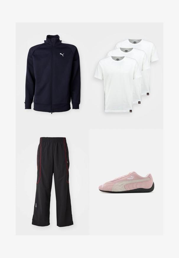 Navy blue zip-up sweatshirt with high collar, ribbed cuffs, and hem. Features white side stripes and a small white Puma logo on the chest.; Three plain white cotton t-shirts with short sleeves. Each shirt features a round neckline and a small black logo tag on the left side.; Black athletic pants with an elastic waist, red side piping, zippered pockets, and a loose fit. Made of lightweight, textured material.; Pink suede sneaker with grey accents, streamlined design, textured upper, and black rubber sole. Features Puma logo on the side.