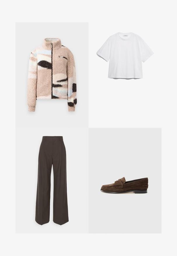 Fuzzy, beige fleece jacket with a zip front, featuring abstract pastel patterns and a small chest pocket with metallic accents.; White cotton t-shirt with short sleeves, round neckline, relaxed fit, and no visible patterns or graphics. Smooth texture and simple design.; Dark brown wide-leg trousers with a high waist, featuring neatly pressed creases, smooth texture, and a tailored fit.; Brown suede loafers with a low heel, featuring a stitched apron design and a smooth interior lining. Side accents add texture.
