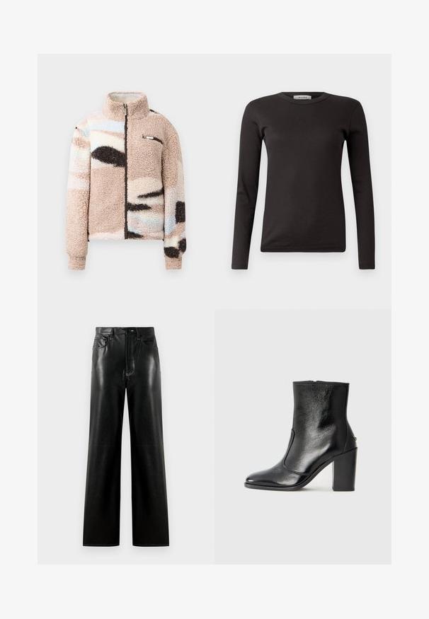 Puhás, bézs színű bolyhos boleró, elülső cipzárral, absztrakt pasztell mintákkal és egy kis mellszájas zsebbel, fémből készült díszítésekkel.; Fekete, hosszú ujjú, bordázott póló, kerek nyakú, puha anyagból készült, egyszerű dizájnnal, díszítések vagy minták nélkül.; Fekete bőr, széles szárú nadrág, sima felülettel, gombos és cipzáros záródással, elülső zsebekkel és kontrasztos varrási részletekkel.; Fekete bőr bokacipő sima textúrával, hegyes orral és vastag, magas sarkával. Oldalnyílással és minimalista dizájnnal rendelkezik.