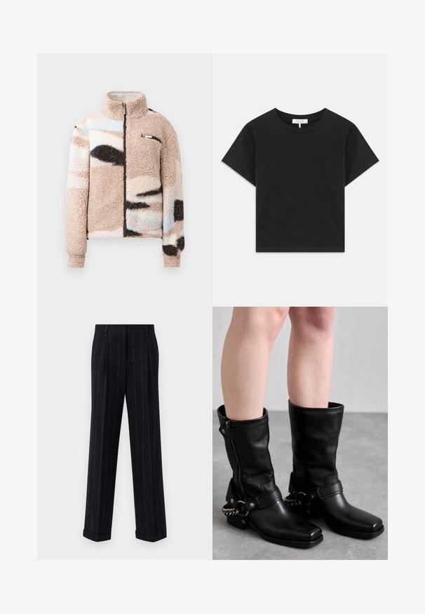 Purus, smėlio spalvos pūkinė striukė su užtrauktuku priekyje, pasižyminti abstrakčiais pastelinių spalvų raštais ir maža krūtine kišenė su metaliniais akcentais.; Juodas trumpas medvilninis marškinėliai su apvaliu iškirpimu, trumpomis rankovėmis ir paprastu dizainu be raštų ar puošmenų.; Juodi smėliniai kelnes su pritaikytu siluetu, su manžetėmis ir priekinėmis klostėmis. Pagaminta iš lygaus audinio su struktūrizuotu dizainu.; Juodos odinės iki kelių siekiančios bootai su kvadratiniu pirštu, šoniniu užtrauktuku ir reguliuojama juosta, kuri turi metalinę grandinėlę. Matinis paviršius ir tvirta padas.