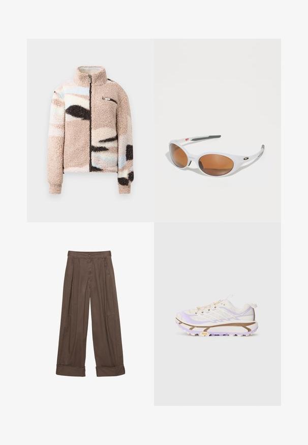 Giacca in pile beige e morbido, con chiusura a zip, caratterizzata da motivi astratti in tonalità pastello e una piccola tasca sul petto con dettagli metallici.; T-shirt bianco a maniche corte con scollo rotondo, vestibilità comoda e orlo leggermente curvo. Realizzato in un tessuto liscio e morbido con cuciture minime.; Pantaloni larghi marroni in cotone, con chiusura a bottone, motivo plissè frontale e orli arrotolati per una vestibilità rilassata.; Scarpe da corsa leggere con una tomaia in rete color crema e lavanda, suola in gomma rinforzata e scanalature distintive per una migliore trazione.; Occhiali da sole bianchi con lenti marroni, forma ovale, realizzati in plastica liscia, con dettagli grigi sulle aste e un logo sulla montatura.; Bandana blu navy con motivi a paisley e a pois bianchi, bordato con dettagli intricati bianchi. Tessuto morbido con forma quadrata.