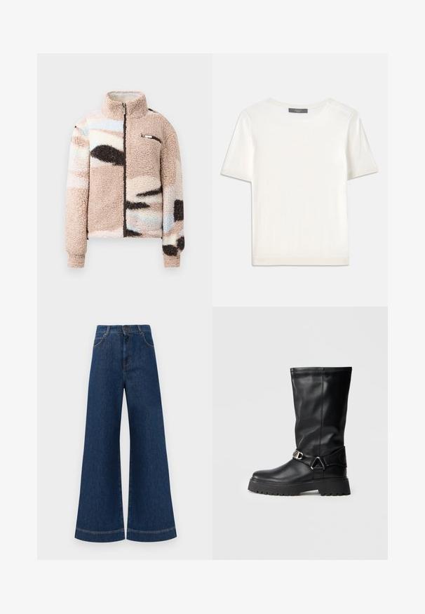 Puhás, bézs színű bolyhos boleró, elülső cipzárral, absztrakt pasztell mintákkal és egy kis mellszájas zsebbel, fémből készült díszítésekkel.; Fehér, rövid ujjú kötött felső, kerek nyakkivágással, sima textúrával és diszkrét bordázott részletekkel az ujjain és az alján.; Magas derekú, széles lábú kék farmernadrág, gombos záródással, övhurkokkal és diszkrét varrási részletekkel a zsebeknél és a szegélyeknél.; Fekete, térd fölé érő csizmák sima bőrből, oldalt csattós díszítéssel és vastag, texturált talppal a jobb tapadás érdekében.