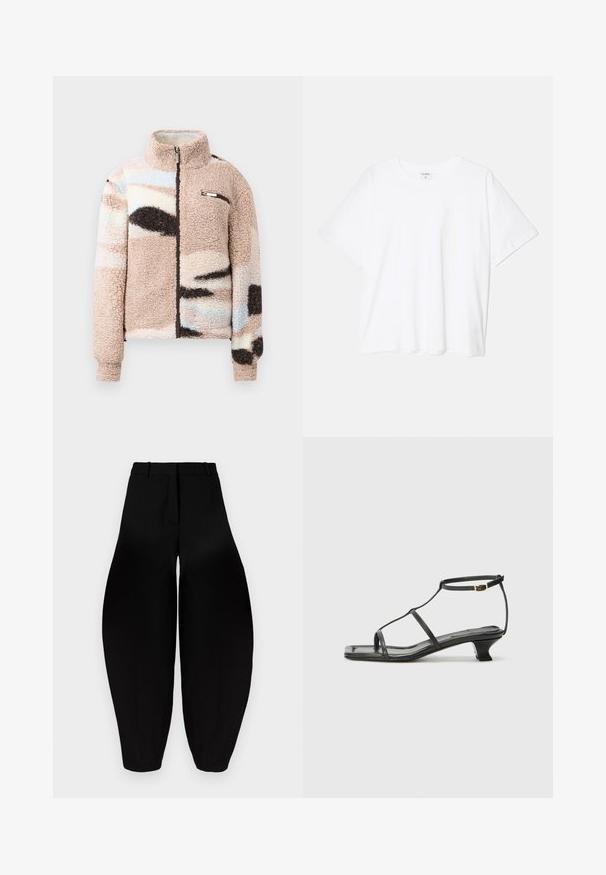 Fuzzy, beige fleece jacket with a zip front, featuring abstract pastel patterns and a small chest pocket with metallic accents.; White cotton t-shirt with short sleeves, round neckline, relaxed fit, and stitched hem. Label visible on the inside neck.; Black wide-leg trousers with a high waist, pleated front, and tapered ankles. Made from smooth fabric with a matte finish.; Black leather sandal with a square toe, thin straps, adjustable ankle strap, and a low heel. Features a small gold accent on the strap.