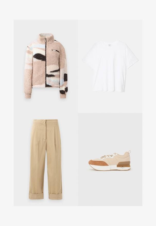 Puszysta, beżowa kurtka z polaru z zamkiem z przodu, zdobiona abstrakcyjnymi pastelowymi wzorami oraz małą kieszonką na piersi z metalicznymi akcentami.; Biała bawełniana koszulka z krótkim rękawem, okrągłym dekoltem, luźnym krojem i przeszytym brzegiem. Metka widoczna wewnątrz dekoltu.; Beżowe spodnie z szerokimi nogawkami, z dwoma fałdami z przodu, podwiniętymi mankietami i gładką fakturą. Wykonane z lekkiego materiału, zapewniają luźny krój.; Sneaker z beżowym materiałowym wierzchem ozdobionym brązowymi zamszowymi akcentami, białą podeszwą środkową oraz gumową podeszwą z detalem marki.