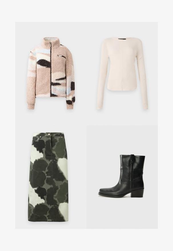 Vrouwelijke fuzzy, beige fleece jas met een ritssluiting aan de voorkant, voorzien van abstracte pastelpatronen en een klein borstzakje met metallic accenten.; Langsleeve, lichtbeige top met een ronde halslijn. Gemaakt van zachte stof, heeft een centrale naad en een iets gebogen rand. Geen zichtbare hardware.; Camouflage-patroon denimrok in donkergroen en zwart, met een hoge taille, vier zakken en metallic accenten. Middellange lengte en rechte snit.; Zwarte leren enkellaars met een ronde neus, blokhak, zijrits en stikselaccenten op de wreef. Gladde textuur, klassiek ontwerp.