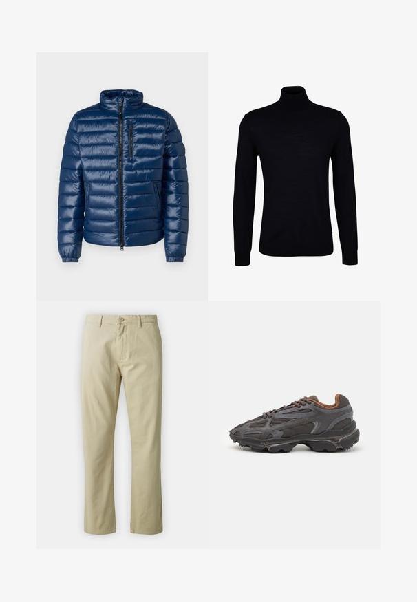 Navy gepolsterte Jacke mit hohem Kragen, Reißverschluss vorne, horizontaler Steppung und elastischen Bündchen. Verfügt über eine Reißverschlusstasche auf der Brust.; Schwarzer Rollkragenpullover aus einem glatten Strickstoff. Verfügt über lange Ärmel, einen eng anliegenden Kragen und gerippte Bündchen sowie Saum für eine optimale Passform.; Beige Baumwollhose mit geradem Bein, mit vorderem Knopfverschluss und Gürtelschlaufen. Glatte Textur, keine sichtbaren Muster oder Akzente.; Lacoste Sneaker in Dunkelgrau aus Mesh und Synthetikmaterial, mit einer strukturierten Sohle und braunen Akzenten am Kragen und Logo.