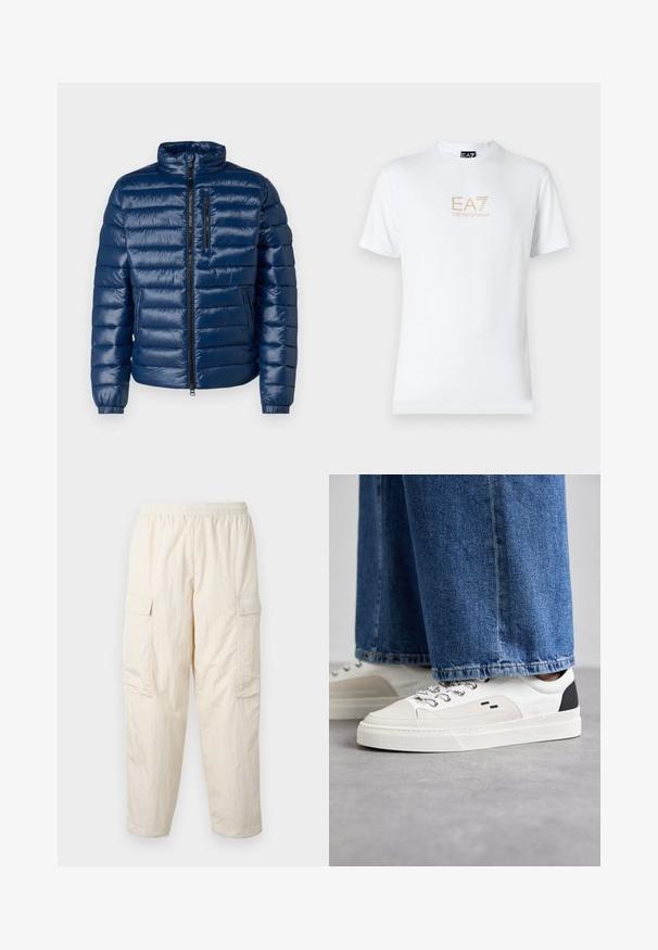 Giacca imbottita blu navy con colletto alto, chiusura frontale con zip, design a righe orizzontali e polsini elasticizzati. Disponibile con una tasca sul petto con zip.; T-shirt bianco in cotone con scollatura rotonda e maniche corte, con il logo oro EA7 Emporio Armani stampato sul fronte.; Pantaloni cargo beige con vita elastica, dotati di due tasche laterali e un tessuto morbido e leggero. Texture stropicciata.; Sneaker bianche e nere con parte superiore in pelle liscia, dettagli testurizzati e suola bianca spessa. Presentano un classico design con lacci.