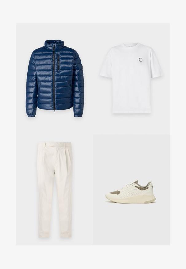 Marineblå polstret jakke med høj krave, lynlås foran, vandret quiltet design og elastiske manchetter. Har en lynlåslomme på brystet.; Hvid bomulds t-shirt med en afslappet pasform, der har et lille sort grafisk logo på venstre brystområde. Korte ærmer, rund halsstil.; Hvide, plisserede bukser med en skræddersyet pasform, der har en glat overflade, bæltestropper og smalnede ben. Ingen synlige lommer eller mønstre.; Hvide og lyse beige sportssko med en mesh-overdel, perforerede detaljer og en tekstureret mellemsål med branding på hælen.