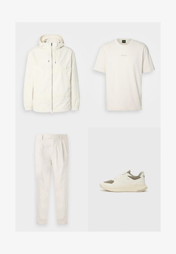 Lightweight, cream-colored jacket with a hood, zip front, elastic cuffs, and a kangaroo pocket. Smooth fabric with minimal stitching details.; BOSS TEE - Basic T-shirt - open white; White, pleated trousers with a tailored fit, featuring a smooth texture, belt loops, and tapered legs. No visible pockets or patterns.; White and light beige athletic sneaker, featuring a mesh upper, perforated detailing, and a textured midsole with branding on the heel.