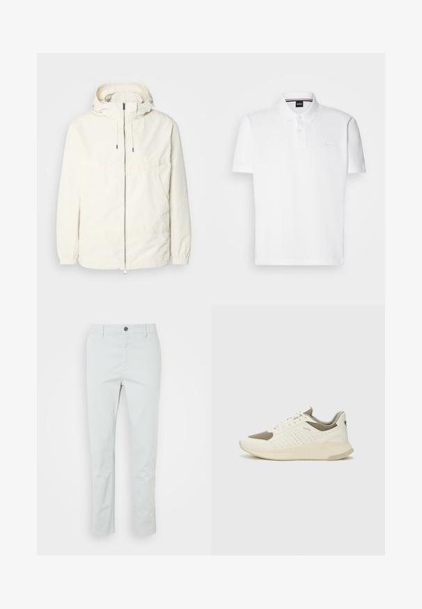 Kerge, kreemivärvi jakk, kapuutsiga, lukuga ees, elastsete mansettide ja känguru taskuga. Sile kangas minimaalsete õmblusdetailidega.; Valge polo särk, mis on valmistatud puuvilla ja polüestri segust, omades kraed, kaht nuppu pliiatsis ning peent tikandit rinnal.; Heledad roheline puuvillane püksid sirge lõikega, millel on eesnuppude sulgemine ja küljetaskud. Sile tekstuur, nähtavaid mustreid pole.; Valge ja heledat beeži värvi spordijalats, millel on õhuke võrkmaterjal, perforatsioonidega detailid ning tekstuuriga vahetald, millel on brändi logo kannaosas.