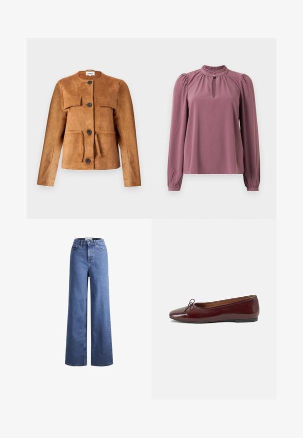 Brown suede jacket with a round neckline, front pockets, and button closures. Features a fitted silhouette and textured finish.; Long-sleeve mauve blouse with gathered collar, keyhole neckline with button closure, and slightly puffed shoulders.; Light blue denim wide-leg jeans with a high waist, two front pockets, and visible stitching. Features a button and zipper closure.; Burgundy patent leather ballet flat with a rounded toe, small bow accent at the front, and a low, black rubber sole. Smooth texture.
