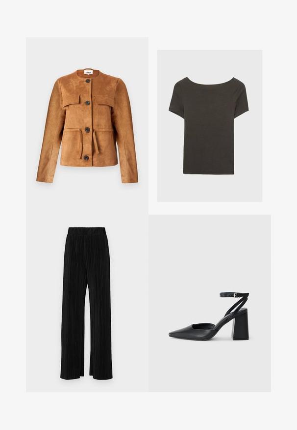 Hnědá nubuková bunda s kulatým výstřihem, předními kapsami a knoflíkovým zapínáním. Má přiléhavý střih a texturovaný povrch.; Tmavě šedý top s krátkým rukávem a lodičkovým výstřihem. Vyrobený z ribovaného materiálu, s volnějším střihem a čistým lemem. Jednoduchý design, bez vzorů.; Černé plisované kalhoty s elastickým pasem. Mají široké nohavice a hladkou, strukturovanou tkaninu s vertikálními pruhy.; Černé kožené lodičky se špičatou špičkou, kotníkovým páskem a silným podpatkem. Hladká textura, elegantní design a minimalistická estetika.