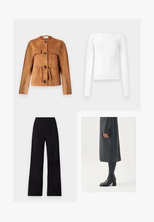 Barna nubuk bőrdzseki kerek nyakkivágással, elülső zsebekkel és gombos záródással. Fitted fazonnal és texturált felülettel rendelkezik.; Fehér, hosszú ujjú felső, négyzet alakú nyakkivágással, sima anyagból készült, testhezálló fazonnal és varrás nélküli vállrészletekkel.; Fekete, bő szárú nadrág sima, könnyű szövetből. Magas derékpánttal és elülső pliszé részletekkel rendelkezik, amelyek fokozzák a struktúrát.; Szürke, szabott overál, egyenes vonallal; térd fölé érő fekete bőrcsizmákkal párosítva, négyzetes orral és vastag sarokkal.