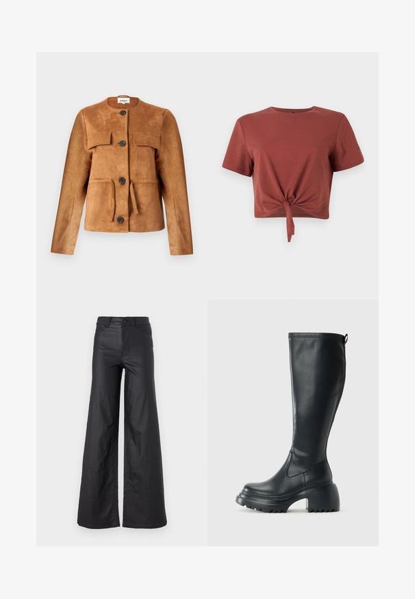 Pruunest sametist jakk, millel on ümmargune kaelus, esipockets ja nupud. Omab keha lähedast siluetti ja tekstureeritud viimistlust.; Roostevärvi lühikeste varrukatega pehme puuvillane lühike särk, millel on sõlmedetail ees. Sile tekstuur, ümmargune kaelus.; Mustad, laiad püksid kunstnahast. Omab kõrget vööd, vöökotte, kahte esipoolset taskut ja õmmeldud detaile.; Kõrge must nahksaapad, millel on massiivne platvormi tald ja blokk-kand, varustatud tõmbenööriga ja tekstuuriga väljatõmbejääk.