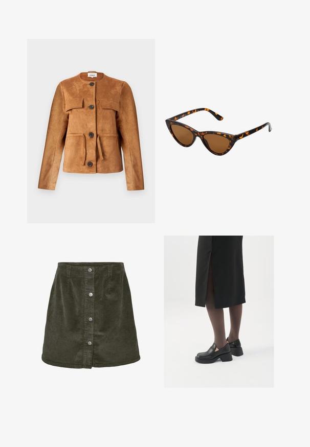 Jachetă din suede maro cu decolteu rotund, buzunare frontale și închideri cu nasturi. Prezintă o siluetă ajustată și un finisaj texturat.; Body negru cu mâneci lungi, cu o decolteu în V din plasă și detaliu strâns la umeri. Țesătură fină, cu o formă ajustată.; Fustă mini din corduroy de culoare verde închis, cu formă în A, având cinci butoane argintii pe față și o textură verticală cu nervuri.; Pantofi din piele neagră cu vârful rotund, toc bloc gros și accente elastice pe lateral, asortați cu colanți închiși la culoare și o fustă neagră cu o fanta.; Ochelari de soare în stil cat-eye, cu o ramă din material cu tortoiseshell negru și portocalie, lentile maro și vârfuri elegante, ascuțite. Prezintă un logo minimal pe brățara ochelarilor.
