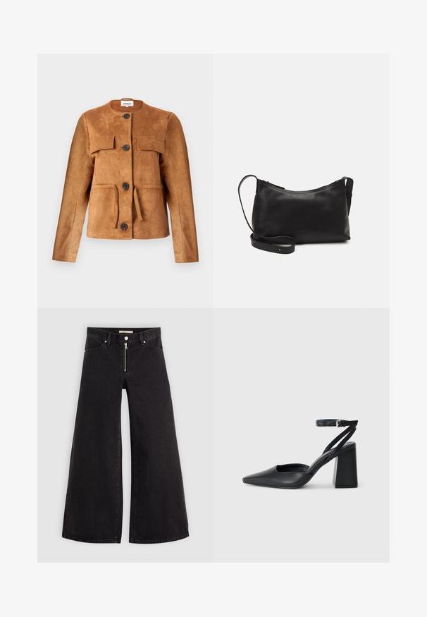 Bruine suede jas met een ronde halslijn, voorzakken en knoopsluitingen. Heeft een getailleerd silhouet en een gestructureerde afwerking.; Zwarte katoenen T-shirt met korte mouwen, ronde halslijn en contrasterende witte stiksels bij de mouwuiteinden. Gladde textuur, casual pasvorm.; Wijdvallende jeans van zwarte denim met een ritssluiting aan de voorkant, vijf zakken en subtiele stikdetails. Soepele textuur en casual stijl.; Zwarte leren puntige pump met een enkelbandje en een chunky hak. Vlakke textuur, strakke vormgeving en minimalistische esthetiek.; Zwarte leren schoudertas met een gladde textuur, gebogen vorm, verstelbare schouderband en een ritsafsluiting. Minimalistisch ontwerp zonder versieringen.