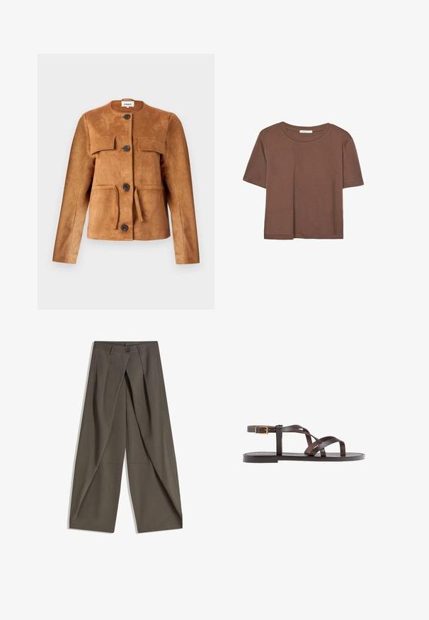 Giacca in suede marrone con scollo rotondo, tasche frontali e chiusure a bottoni. Presenta una silhouette aderente e una finitura testurizzata.; Maglietta a maniche corte marrone realizzata in tessuto morbido, con scollatura rotonda e vestibilità rilassata. Nessun motivo o dettaglio visibile.; Pantaloni a gamba larga realizzati in un tessuto testurizzato grigio scuro. Presentano una piega frontale, chiusura con bottone e tasche laterali per praticità.; Sandal in pelle marrone con cinturini incrociati, chiusura con cinturino alla caviglia e suola piatta con dettagli di cucitura minimi.