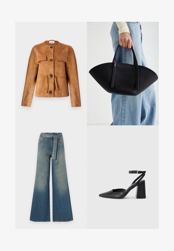 Brūns zamšs jaciņš ar apaļu apkakli, priekšējām kabatām un pogām. Iezīmēts ar pieguļošu siluetu un teksturētu apdari.; Balts kokvilnas t-krekls ar krāsainu tauriņa apdruku kreisajā krūtīs. Īsas piedurknes un brīvs piegriezums.; Platām kājām džinsu bikses ar gaismas līdz tumši zilam gradientam, augstu jostas līniju, jostas cilpām un atbilstošu auduma jostu. Tekstūrēts džinsas apdare.; Melna ādas augstpapēžu kurpe ar norakstīto purngala formu, potītes siksniņu un masīlu papēdi. Gluda tekstūra, elegants dizains un minimālisma estētika.; Melnas ādas rokassoma ar unikālu ventilatora formu, aprīkota ar plakaniem rokturiem. Virsma ir ar graudainu faktūru un minimālistisku dizainu.