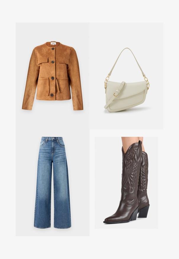 Brązowa zamszowa kurtka o okrągłym dekolcie, z kieszeniami z przodu i z zapięciem na guziki. Posiada dopasowany krój i teksturowane wykończenie.; Biała bezrękawnikowa koszulka wykonana z prążkowanej tkaniny, z okrągłym dekoltem i dopasowanym krojem, o minimalnych szwach i bez ozdób.; Jeans w szerokich nogawkach w jasnoniebieskim kolorze, z wysokim stanem, subtelnym przetarciem i pięcioma kieszeniami, z kontrastowym przeszyciem.; Brązowe skórzane kowbojki z noskiem w kształcie migdała i blokowym obcasem, z detalicznym przeszyciem i podniesionymi akcentami na cholewce.; Mała torebka w kolorze kremowym z teksturowanym wykończeniem, długim regulowanym paskiem, akcentem z łańcucha oraz zapięciem na klapkę. Wykończenia w kolorze złotym.