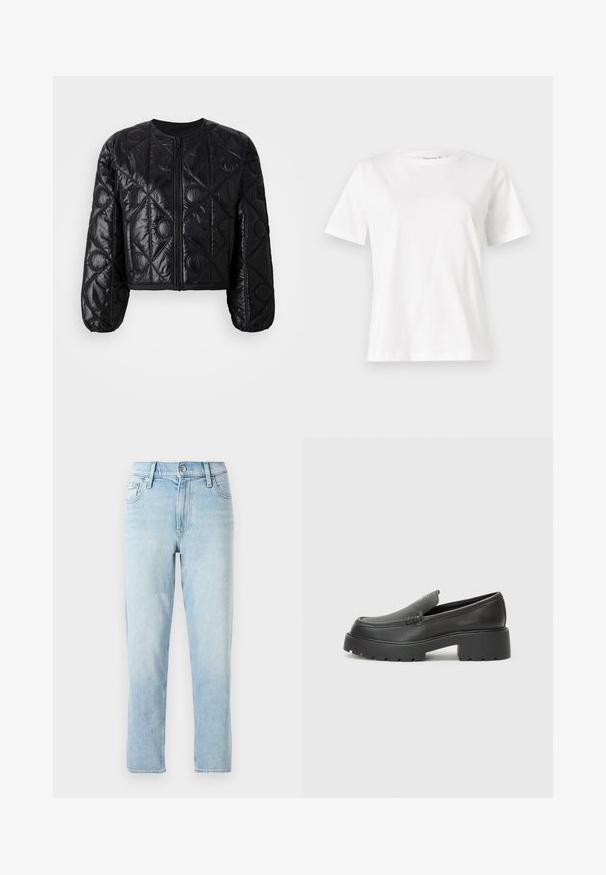 Svart, kort, quiltet jakke med rund hals, glidelås foran, lange ballongermer og geometrisk søm mønster.; Hvit bomull t-skjorte med korte ermer, rund hals og avslappet passform. Glatt tekstur, ingen mønstre eller detaljer, minimalistisk design.; Lyseblå denimjeans, rett ben-design, midjehøyde, med fem lommer og en knappelukking foran.; Sorte skinnloafers med rund tå, tykk teksturert såle og minimale sømdetaljer. Strømlinjeformet design uten synlige snørebånd eller hardvarer.