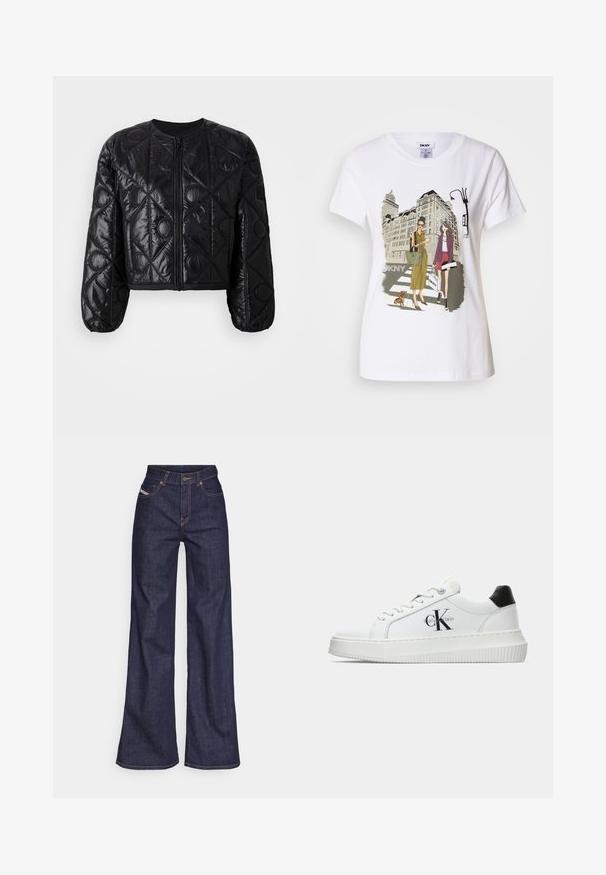 Svart, kort, quiltet jakke med rund hals, glidelås foran, lange ballongermer og geometrisk søm mønster.; Hvit bomulls T-skjorte med trykt illustrasjon av to kvinner i urbane motestiler med en hund på et fotgjengerfelt og bybygninger.; Mørkeblå vide jeans i denim med høy midje, med oransje sømmer, fem-lomme-design og knappelukking.; Hvite lavsko med svart hæltab, plattformsåle, snøringer og Calvin Klein "CK" logo på siden.