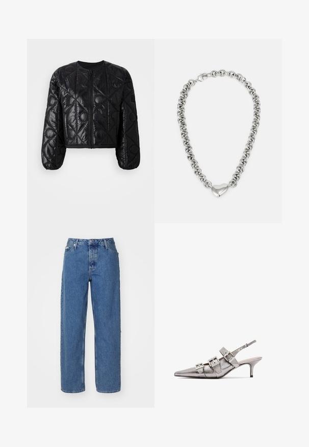 Melnas īsās quilted jaka ar apaļu dekoltē, priekšpusē ar rāvējslēdzēju, garām balona piedurknēm un ģeometrisku šuvju rakstu.; Gaiši rozā kokvilnas T-krekls ar apaļu kaklu, ar sudraba izšūtu "Calvin Klein" logo un smalku "CK" dizainu uz krūšu.; Gaiši zili džinsi ar augstu jostasvietu, taisnas kājas dizainu, piecu kabatu stilu un nedaudz izbalējušu tekstūru. Ar kniedēm un pogu aizdari.; Metāliski sudraba siksnāju papēži ar smailu purngalu, kas satur trīs platas siksniņas un kvadrātveida metāla sprādzes. Spīdīga tekstūra un tievs papēdis.; Sudraba ķēdes kaklarota ar savstarpēji savienotiem apaļiem gredzeniem un pulētu sirds formas akcentu centrā. Iekļauta droša aizdare.