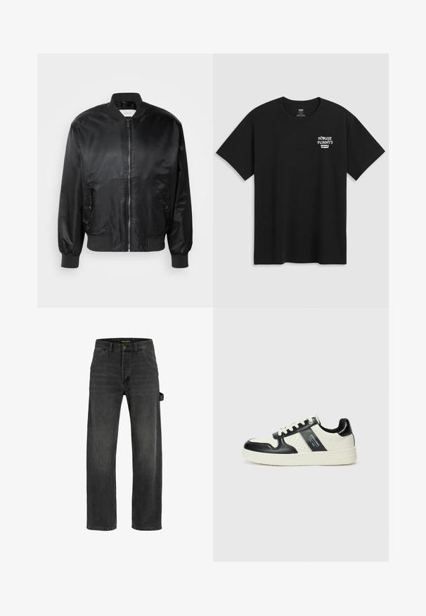 Black bomber jacket made of shiny, smooth fabric. Features a zip front closure, ribbed collar and cuffs, and side pockets with flaps.; Black cotton t-shirt featuring a chest print that reads "HOUSE PLANTS" in white stylized font with "Levi's" below. Classic crew neckline.; Dark gray denim jeans with a straight cut, five pockets, a metal button closure, and a side strap detail.; Leather sneakers with a black and cream color scheme, featuring perforated accents, a padded collar, and a textured outsole.