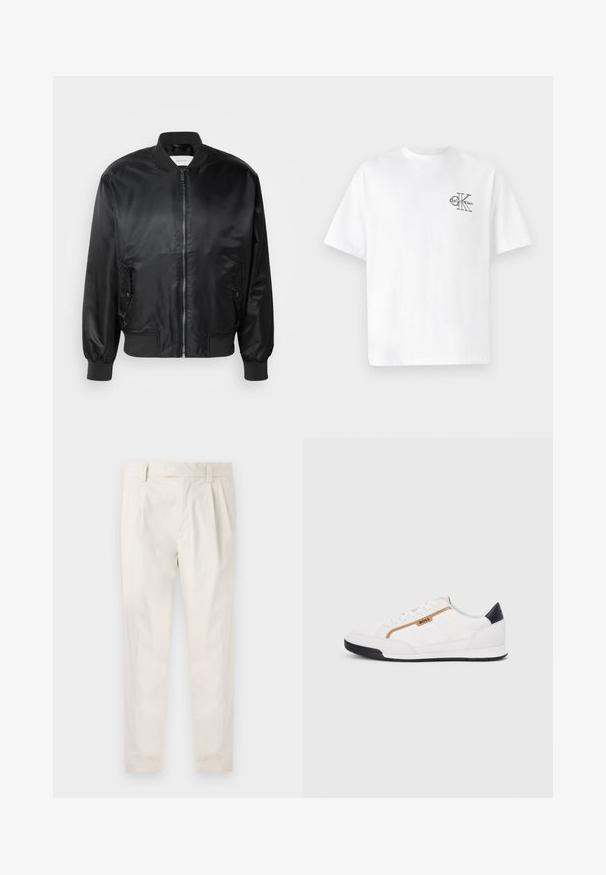 Casaco bomber preto feito de tecido brilhante e liso. Apresenta um fecho frontal com zíper, gola e punhos canelados, e bolsos laterais com aba.; T-shirt de algodão branco com mangas curtas, gola redonda, apresentando um logo CK preto na área do peito esquerdo, ajuste padrão, textura suave.; Calças brancas pregueadas com um corte ajustado, apresentando uma textura suave, passantes de cinto e pernas afuniladas. Sem bolsos visíveis ou padrões.; Tênis atléticos brancos com detalhes em malha e couro. Apresenta um logotipo dourado "BOSS", painéis laterais texturizados e um capô de calcanhar preto. Sola em borracha.