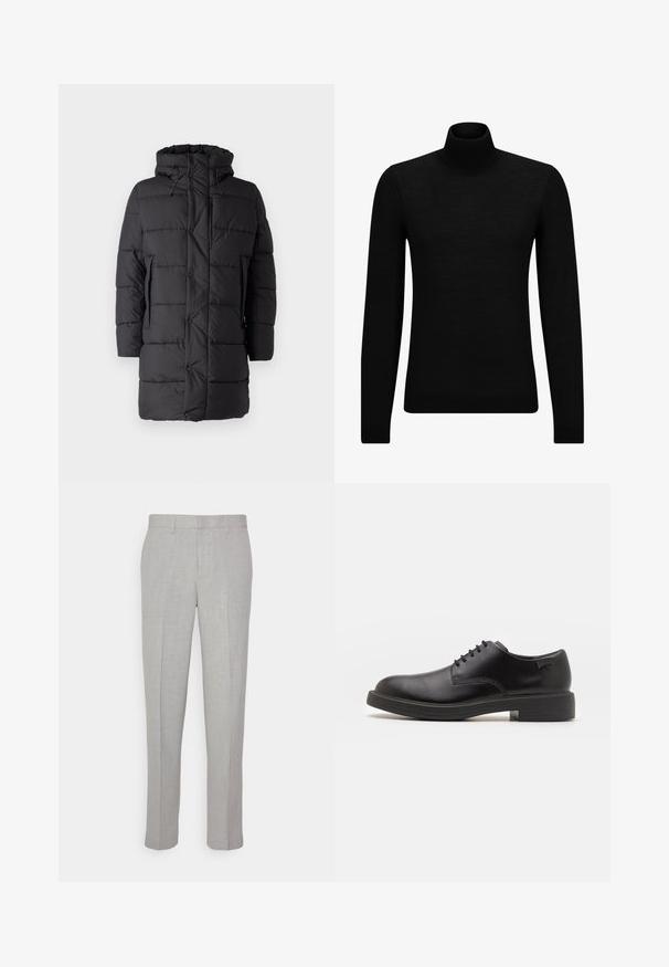 Save the duck DAMON - Χειμωνιάτικο μπουφάν - black; Μαύρο πουλόβερ σταυρωτό λαιμό, φτιαγμένο από μαλακό υλικό, με μακριά μανίκια και εφαρμοστή γραμμή. Ριγωτή λεπτομέρεια στο τελείωμα και στους καρπούς. Απλός σχεδιασμός.; Ανοιχτό γκρι παντελόνια με λεία υφή, επίπεδο μπροστινό μέρος και ίσιες γραμμές. Κατασκευασμένα από αναπνεύσιμο ύφασμα, διαθέτουν εσωτερικές τσέπες και θηλιές για ζώνη.; Μαύρο δερμάτινο παπούτσι με κορδόνια, με στρογγυλή μύτη, λεία υφή, ελάχιστη ραφή και χαμηλή καουτσούκ σόλα. Λογότυπο στη σόλα.